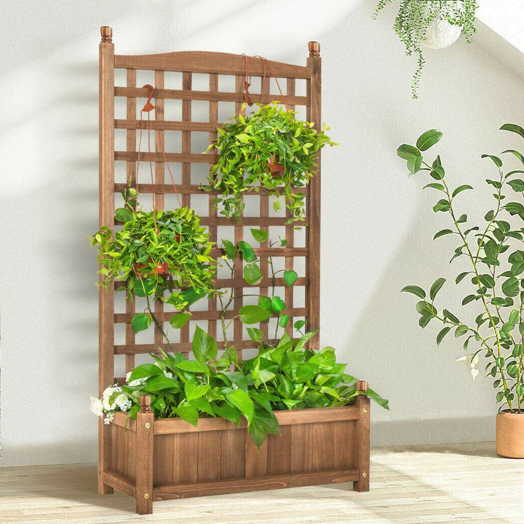 Garden Outdoor Large Raised Bed Planter Box with Trellis Weather-Resistant Wood