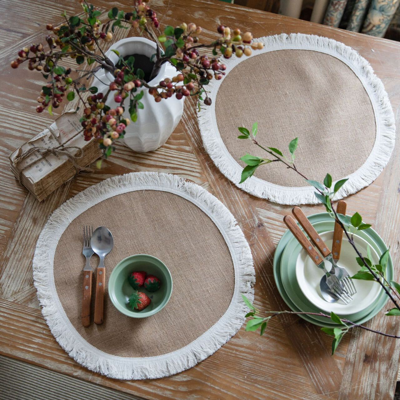 4PCS B Placemats Linen Table Mats with Tassel Lace Woven Round Tableware