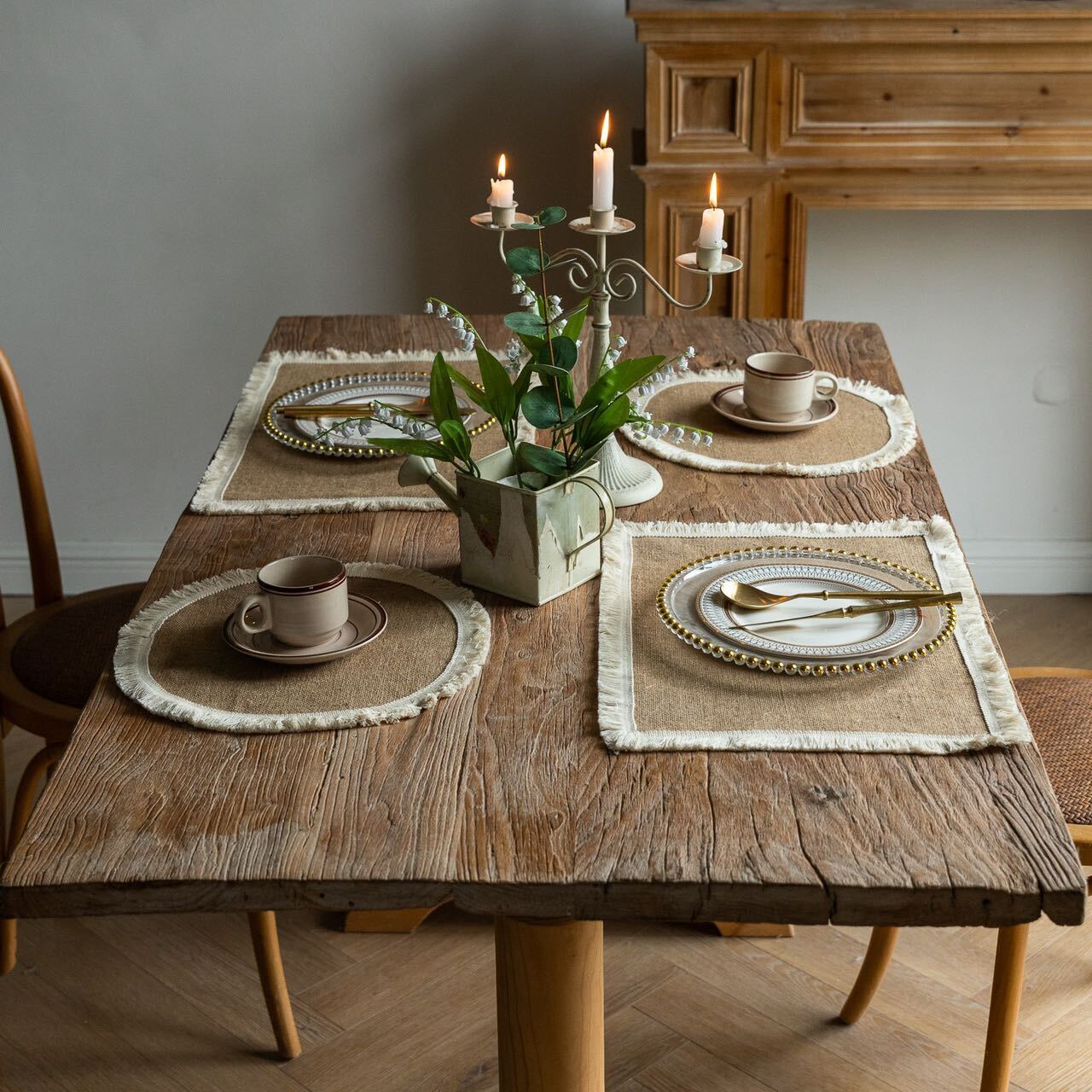4PCS B Placemats Linen Table Mats with Tassel Lace Woven RetangTableware