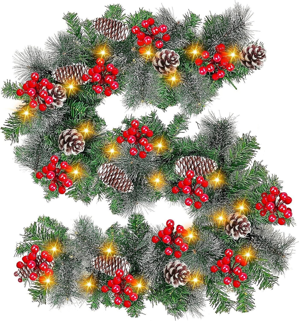 9ft Christmas Garland With Lights Up Rattan Pine Cone Stairs Fireplace Xmas Tree