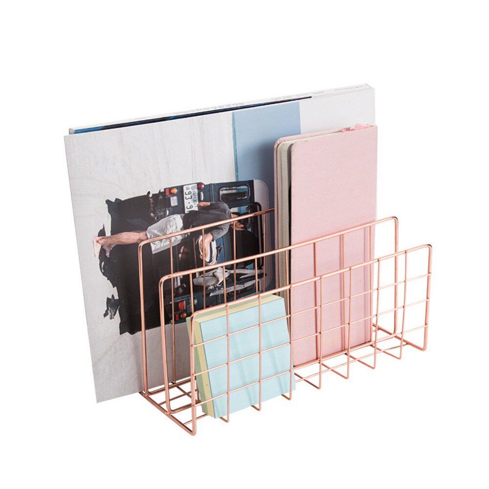 Rose Pink Office Desktop File Holder Book Shelf Stationery Storage Metal Rack Organizer