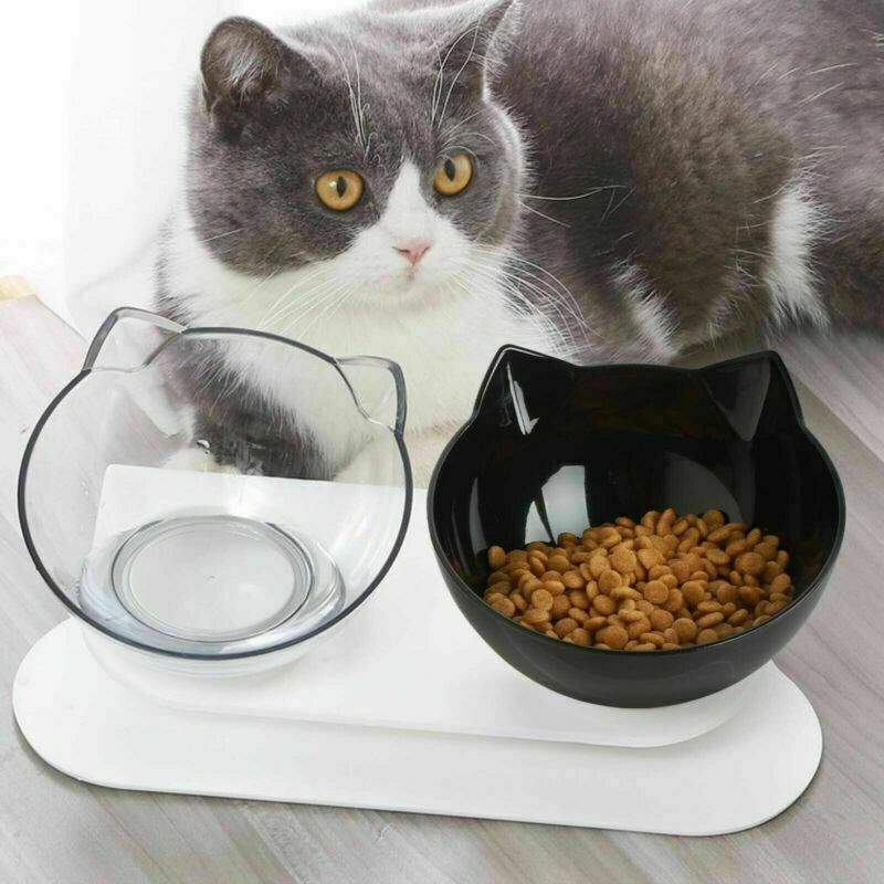 Black Double Cat Bowl Pet Bowls Stand Dog Elevated Feeder Food Water Raised Lifted
