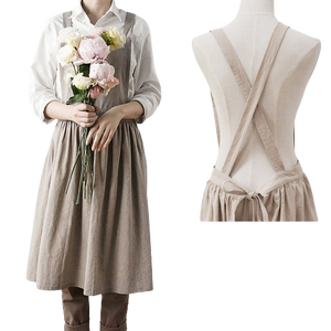 Women Bib Dress Apron Sleeveless Cotton Linen Pinafore Kitchen Cooking Florist Beige XL