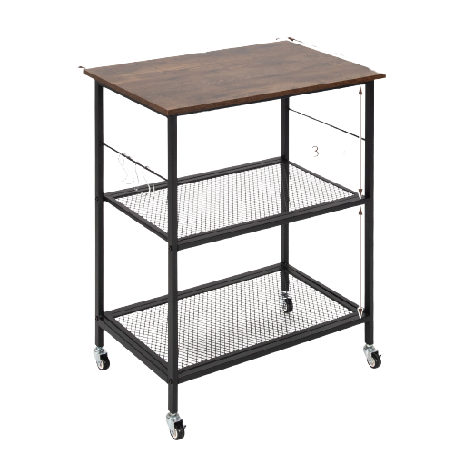 3-Tier Kitchen Serving Cart Utility  Standing Microwave Rack with Hooks Rustic