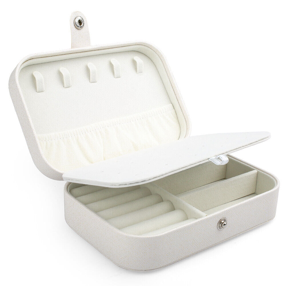 White Portable Travel Jewellery Box Organizer Leather Ornaments Display Case Storage