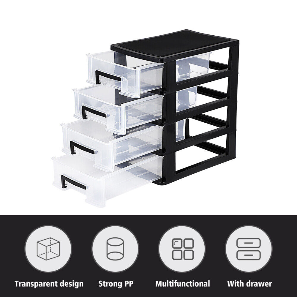 4 Tiers Drawer Storage Organiser Plastic Office Home Desktop Box Cabinet Black