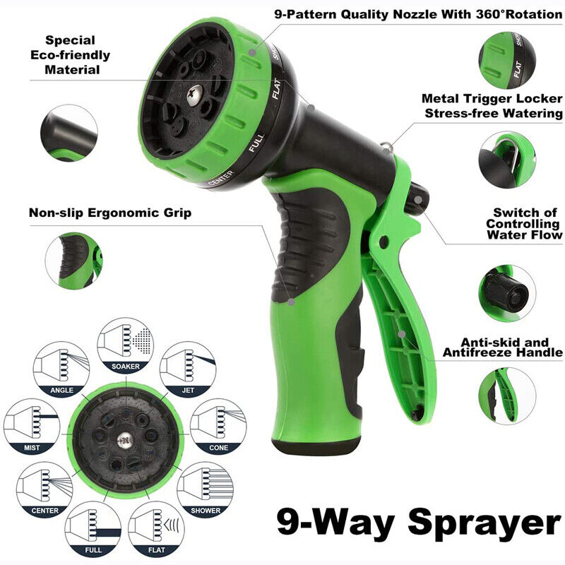 50 FT Black + Green  Garden Water Hose Pipe Car Wash Nozzle Gun Flexible Expandable