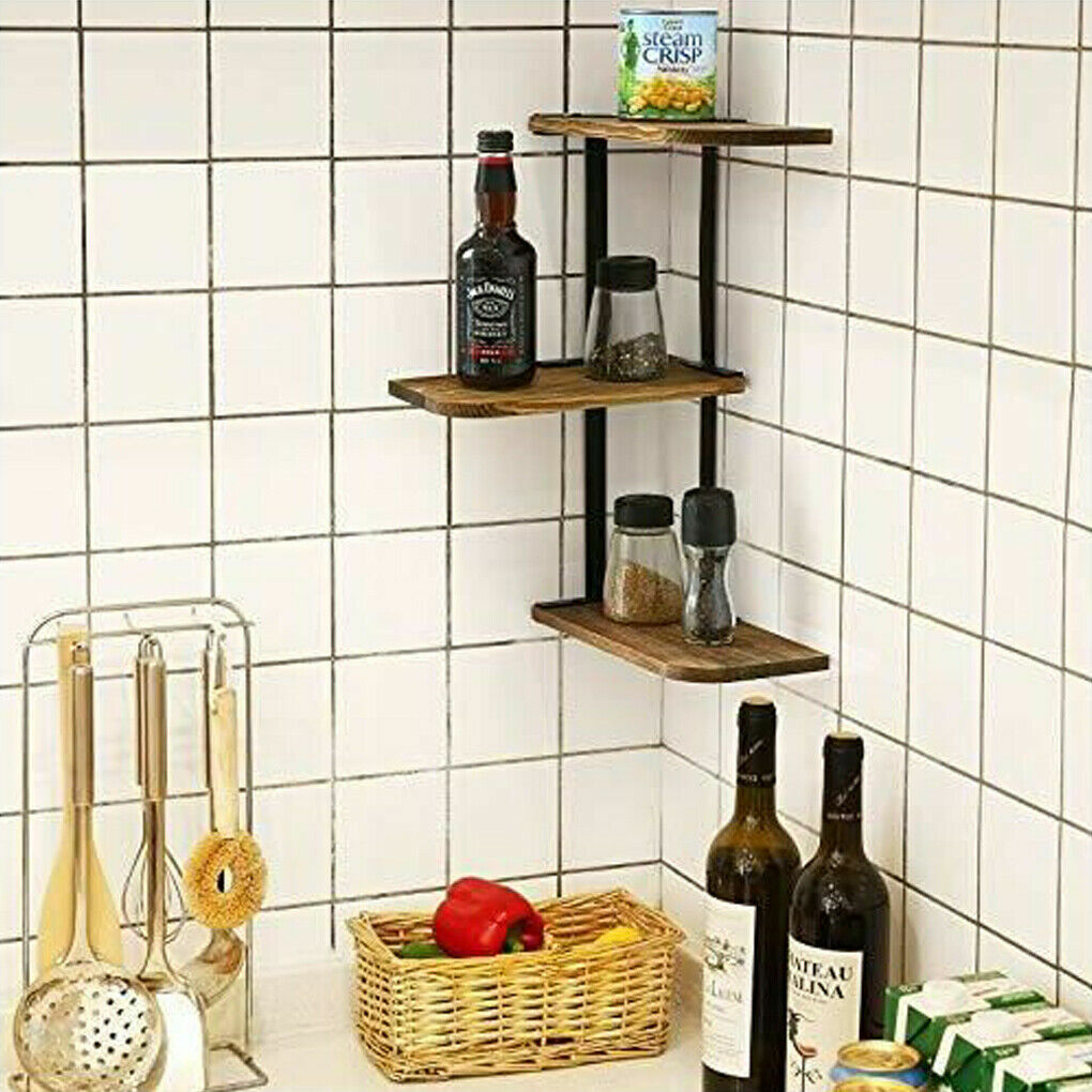 Rustic Corner Shelf Wall Mount 3 Tier DIY Wood Floating Shelves Adjustable Rack