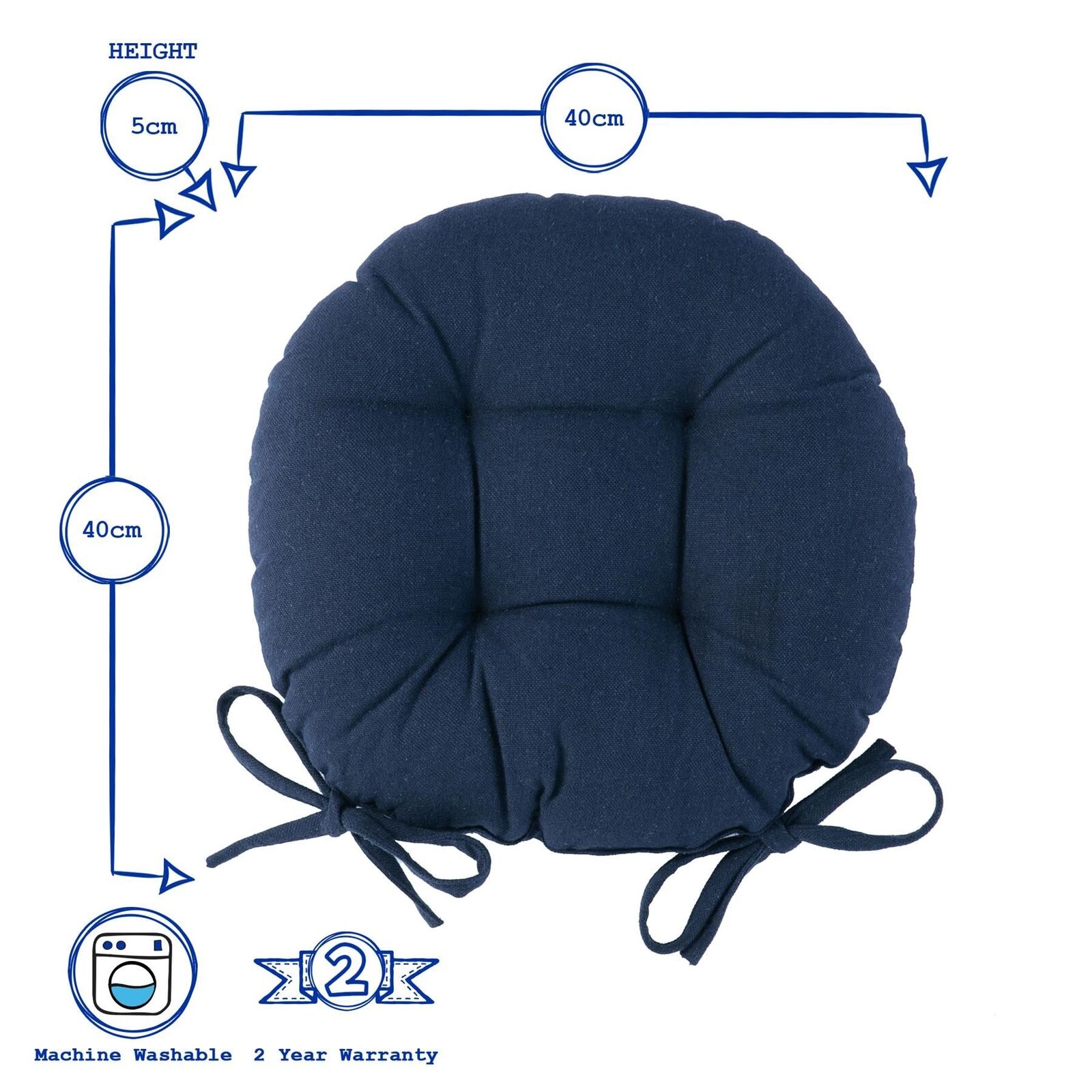 4x Round Dining Chair Seat Cushions Cotton Polyester Outdoor Dining 40cm Blue