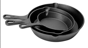 Cast Iron Skillet 3 piece-set Camping BBQ Oven Frying Pan Cookware Indoor Cooker