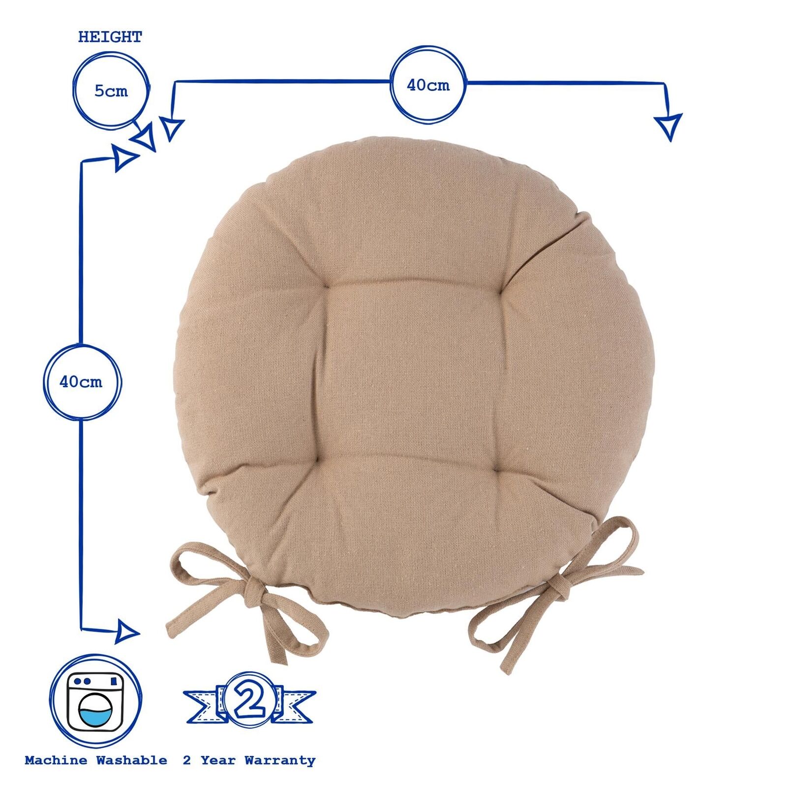 4x Round Dining Chair Seat Cushions Cotton Polyester Outdoor Dining 40cm Beige