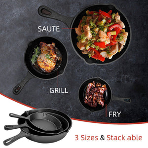 Cast Iron Skillet 3 piece-set Camping BBQ Oven Frying Pan Cookware Indoor Cooker