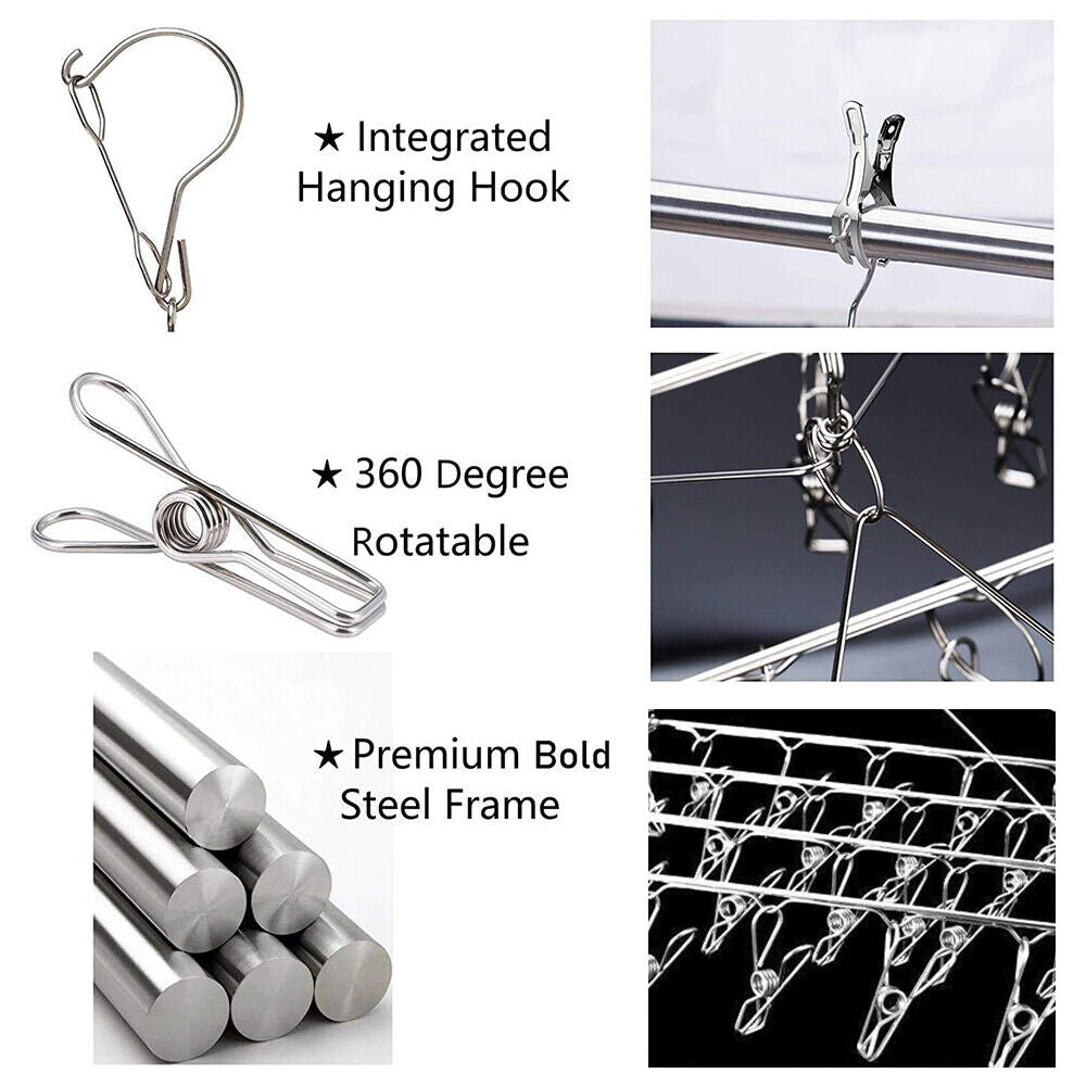 55 Pegs Stainless Steel Sock Hanger Space Saving Bras Clothes Towel Airer Rack