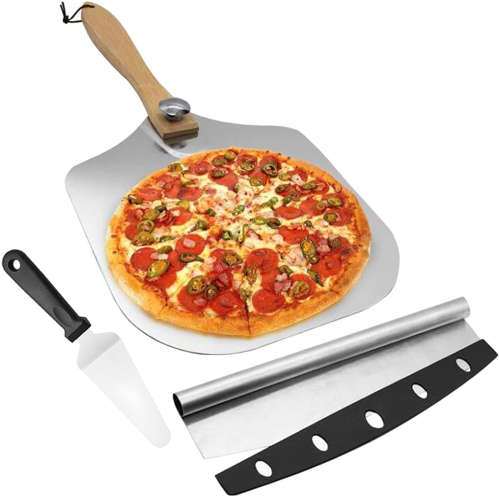 Pizza Peel and Pizza Cutter Set for Oven, 3Pcs Aluminum Pizza Paddle