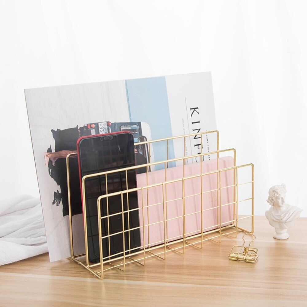 Rose Pink Office Desktop File Holder Book Shelf Stationery Storage Metal Rack Organizer