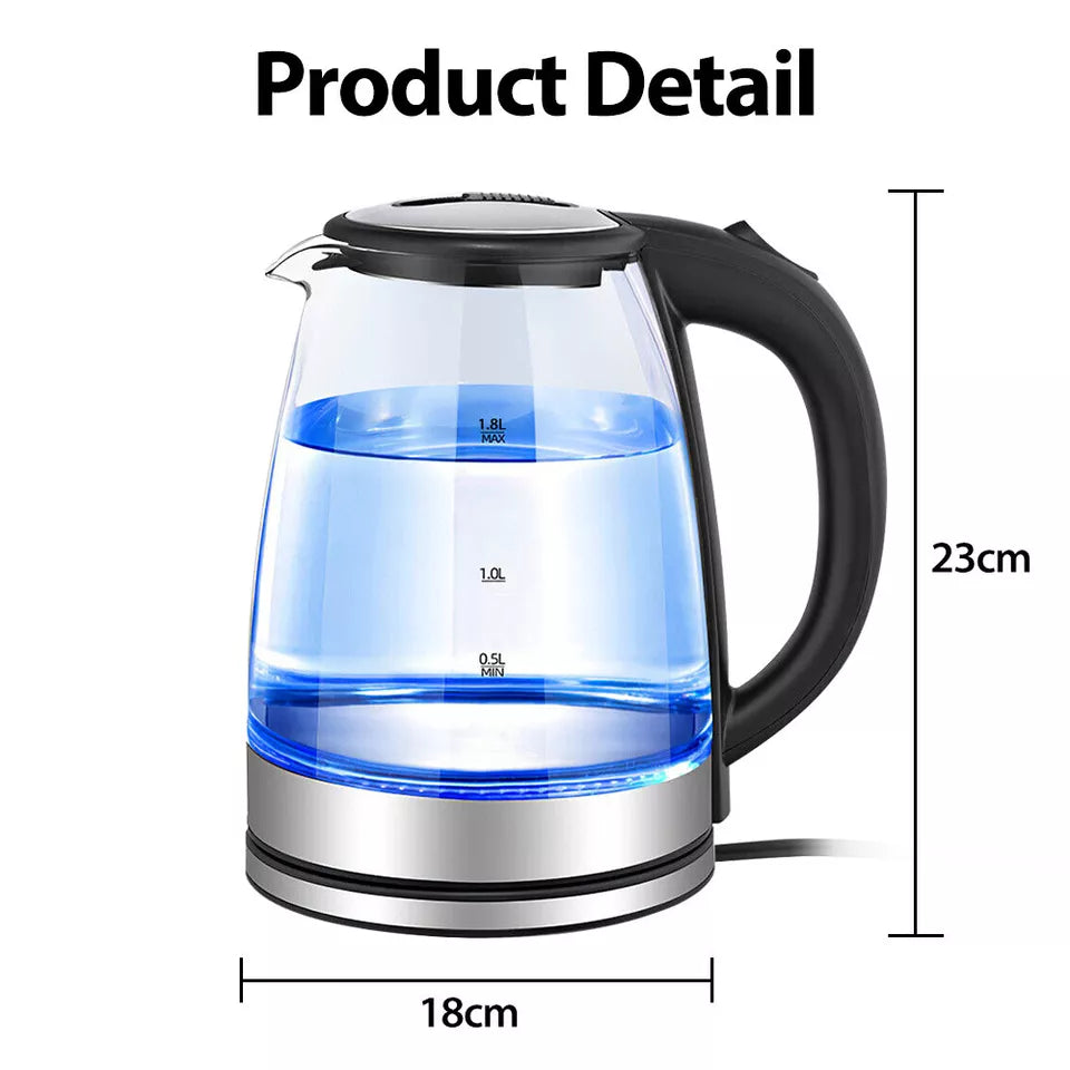 2.L Clear Glass Cordless Kettle Electric Blue Led Light Automatic 360 Jug