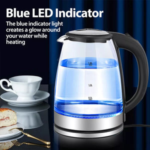 2.L Clear Glass Cordless Kettle Electric Blue Led Light Automatic 360 Jug