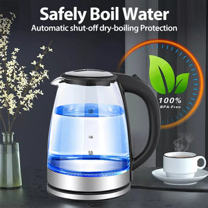 2.L Clear Glass Cordless Kettle Electric Blue Led Light Automatic 360 Jug