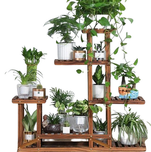 Rustic 6 Tier Wooden Step Plant Stand Shelf Flower Shelving Unit Outdoor Indoor