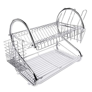 Dish Drying Rack Kitchen-2-Tier Cutlery Metal Draining Dish Drying Rack, with Drain Board