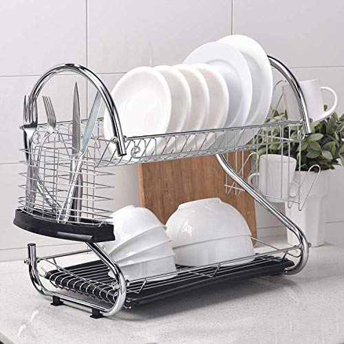 Dish Drying Rack Kitchen-2-Tier Cutlery Metal Draining Dish Drying Rack, with Drain Board