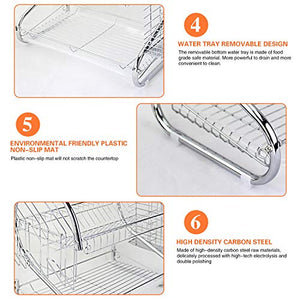 Dish Drying Rack Kitchen-2-Tier Cutlery Metal Draining Dish Drying Rack, with Drain Board