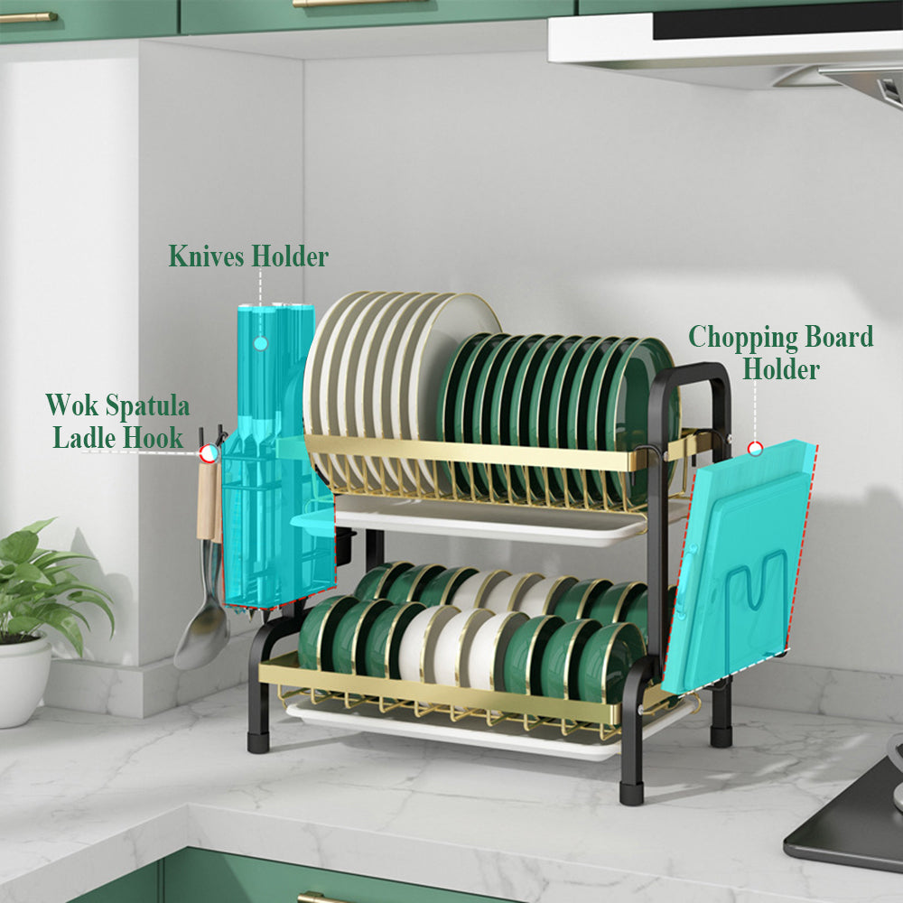 Dish Drainer Drying Rack with Cup Holder Cutlery Tray Kitchen Organiser