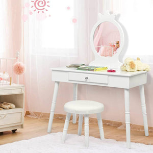 WHITE Kids Vanity Dressing Table Stool Set Children Princess Makeup Mirror Drawer
