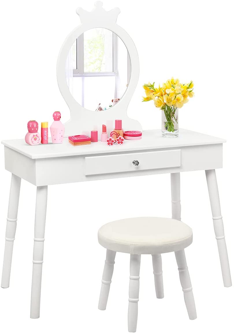 WHITE Kids Vanity Dressing Table Stool Set Children Princess Makeup Mirror Drawer