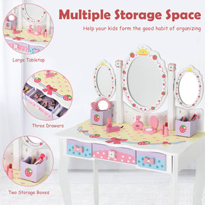 2-in-1 Kids Vanity Dressing Table Stool Set Princess Makeup w/ Tri-fold Mirror