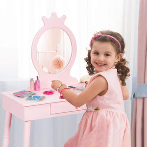 Kids Vanity Dressing Table Stool Set Children Princess Makeup Mirror Drawer