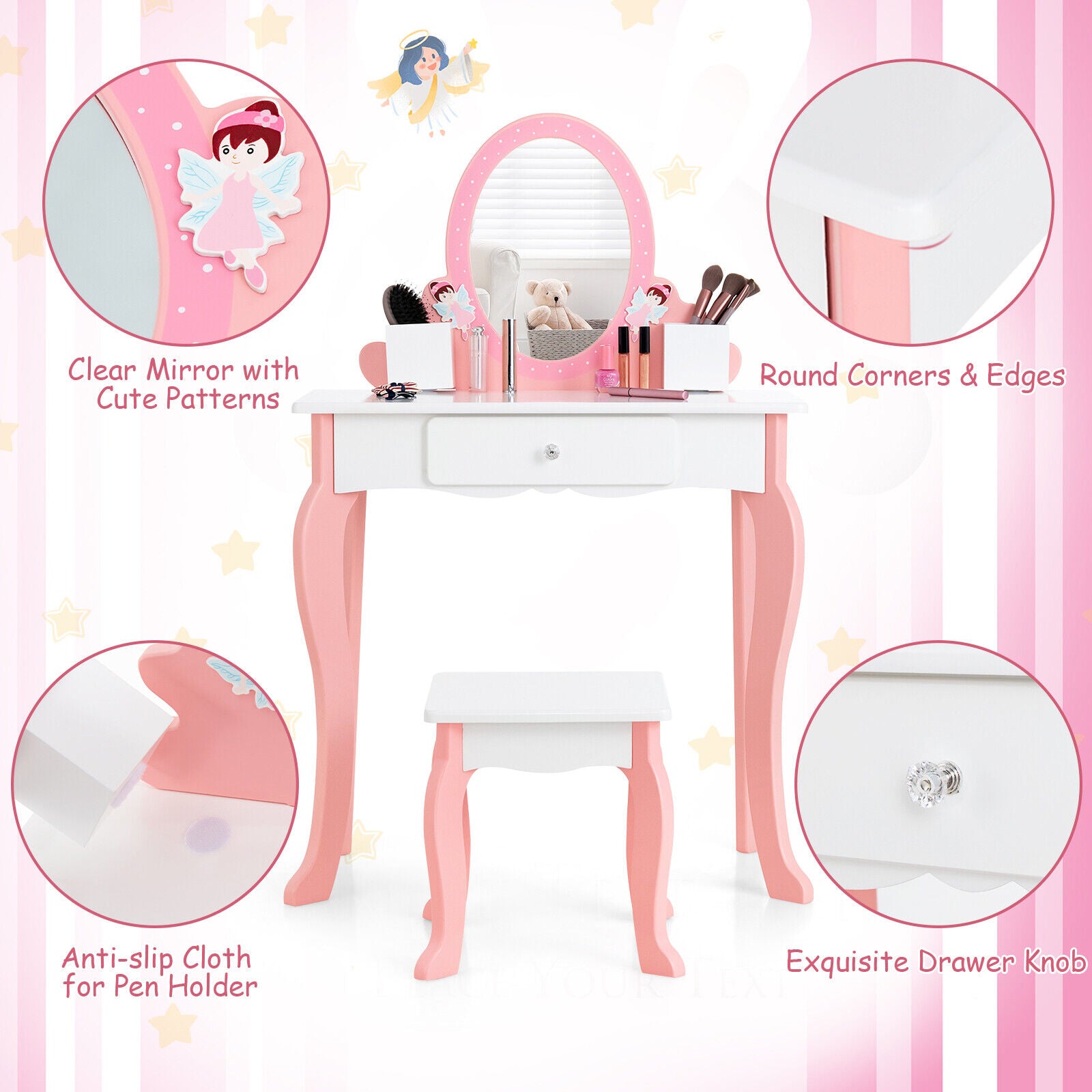 Kid Vanity Dressing Table Stool Set Wooden Pricess Makeup Set w/ Mirror Pink