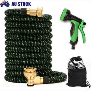 50FT Garden Water Hose Pipe Car Wash Nozzle Gun Flexible Expandable  Black+ Green