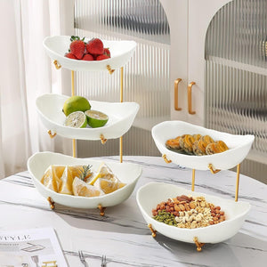 Fruit Bowl for Kitchen Counter - 3 Tier Ceramic Serving Bowls with Metal