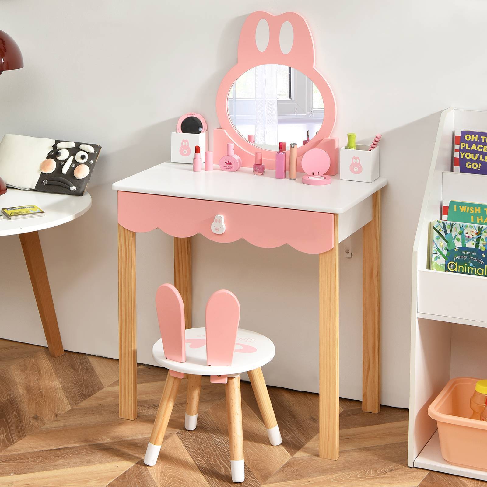 Kids Vanity Dressing Table Stool Set Princess Makeup w/Mirror Drawer Storage Box