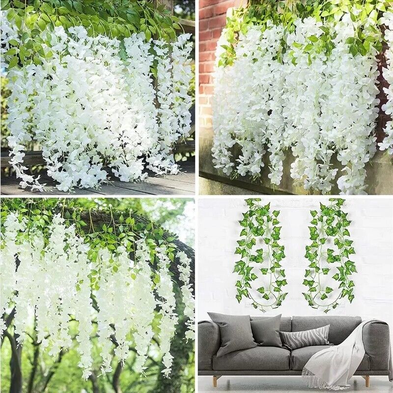 12x Artificial Silk Fake Flower Garland Vine Wisteria Leaf Hanging Wedding Decor White