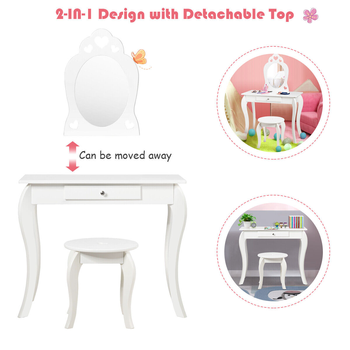 Dressing Table Stool Set Makeup Kids Vanity Princess w/Mirror for Girls White