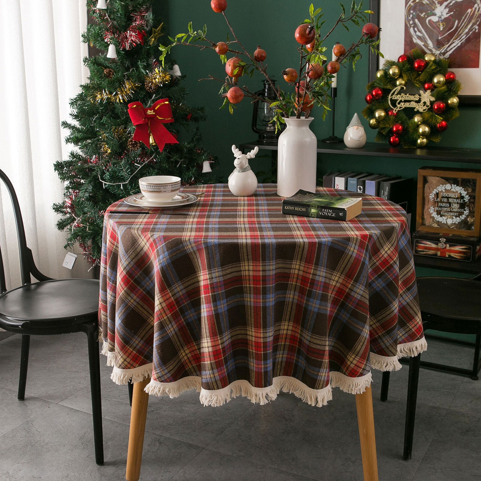 150cm Round Table Cloth Tassel Christmas Tablecloth Dining Table Cover Home Party Coffee Red