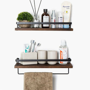 2 Set Rustic Floating Wall Shelves Bathroom Utility Decorative Rack with Towel Rod