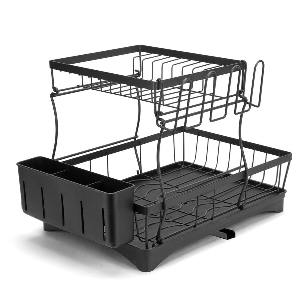 Dish Drainer Drying Rack with Cup Holder Cutlery Tray Kitchen Organiser Black