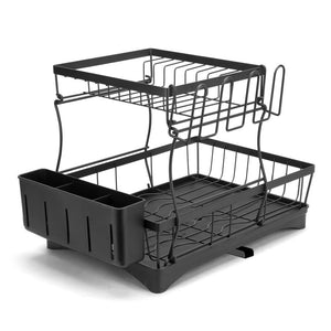 Dish Drainer Drying Rack with Cup Holder Cutlery Tray Kitchen Organiser Black