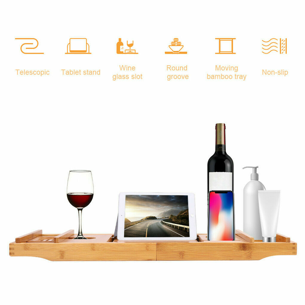 Bamboo Bath Caddy Tray Bathtub Rack Shelf Wine Glass Tablet Phone Holder for Spa