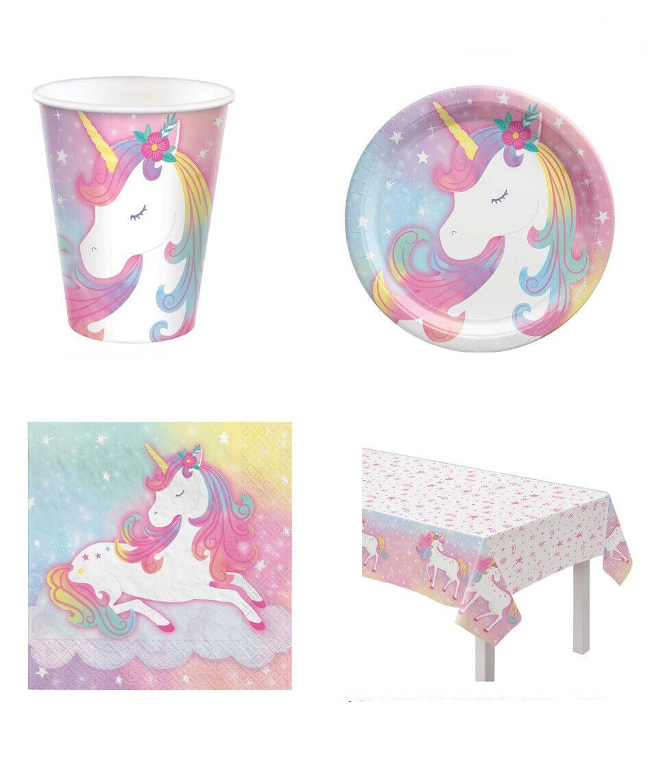 ENCHANTED UNICORN PARTY SUPPLIES PACK 8 PLATES 8 CUPS 8 NAPKINS 1 TABLE COVER