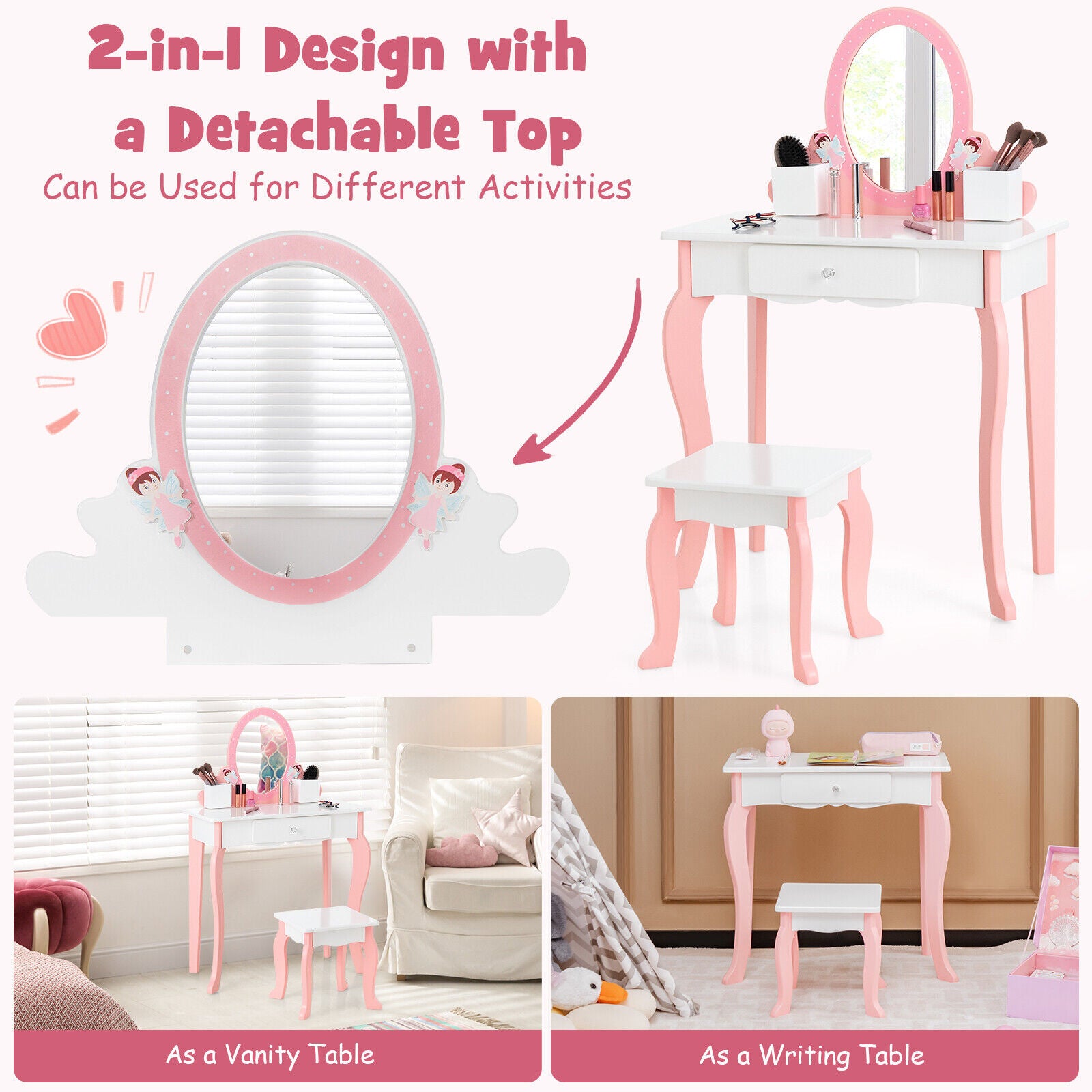 Kid Vanity Dressing Table Stool Set Wooden Pricess Makeup Set w/ Mirror Pink