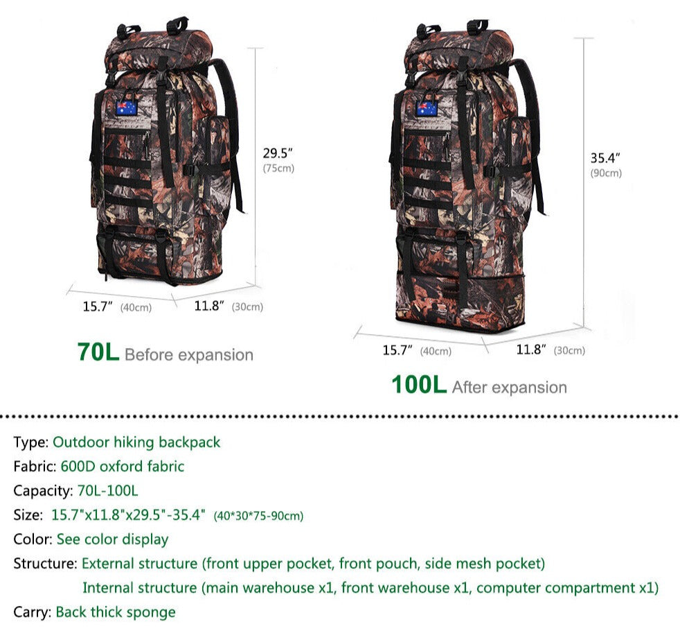 70L Hiking Camping Bag Waterproof Backpack Outdoor Travel Luggage Rucksacks