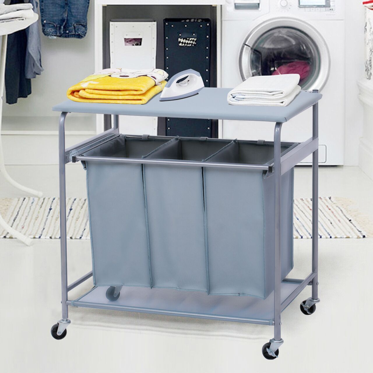 Laundry Hamper Trolley with Slide Tray 3 Washing Basket Bag Sort and Ironing Board