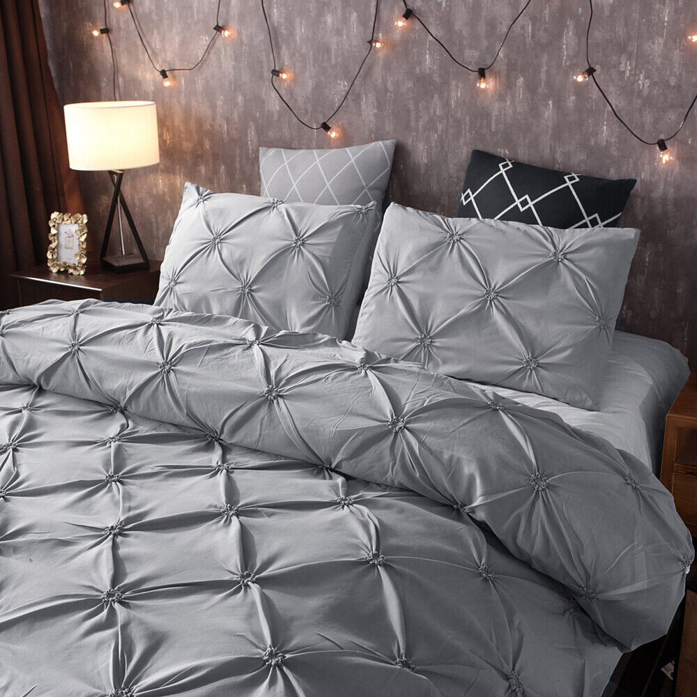 Pinch Pleat Floral Grey Quilt Doona Duvet Covers Set Queen Size Bed Pillowcases