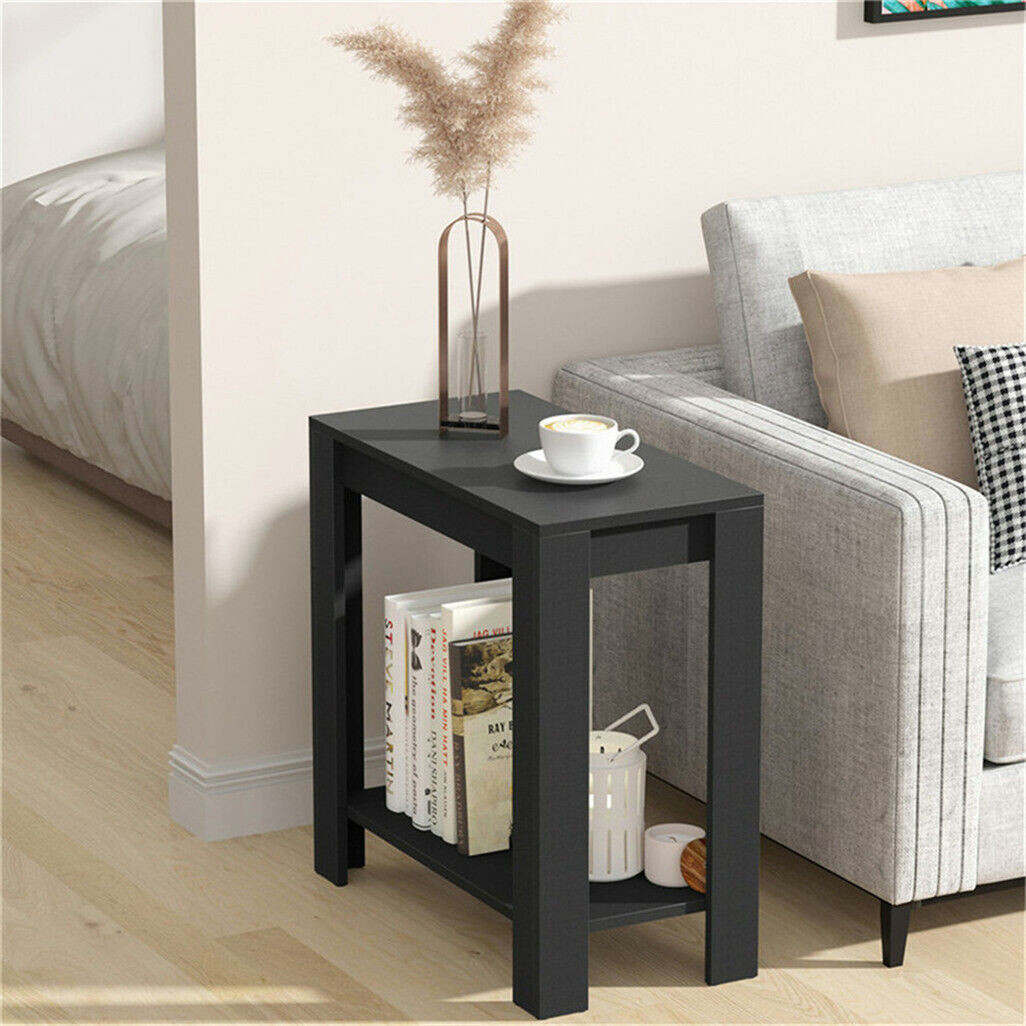 Retro Chairside End Table Slim Sofa Side Table Bedside Nightstand w/ Open Shelf