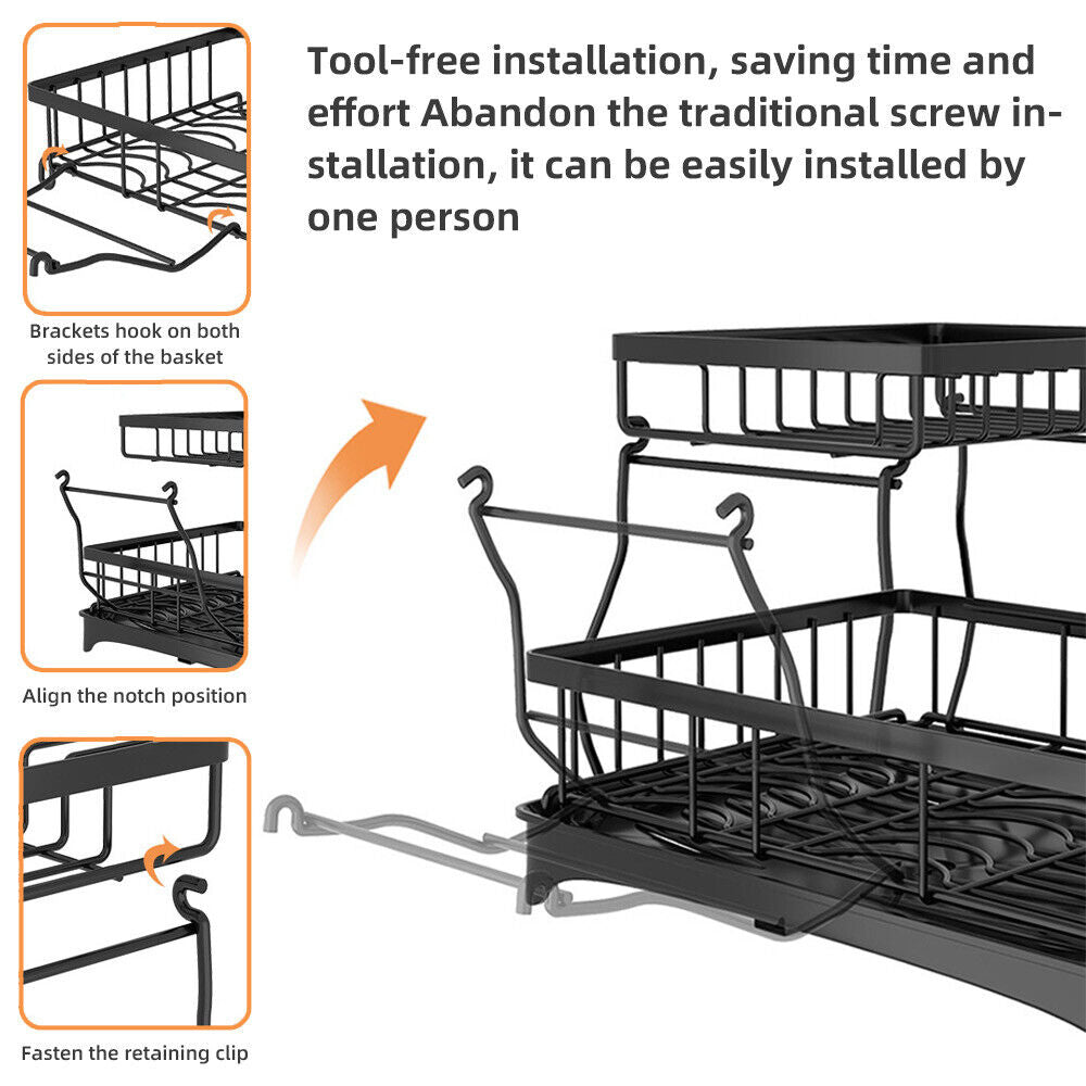 Dish Drainer Drying Rack with Cup Holder Cutlery Tray Kitchen Organiser Black