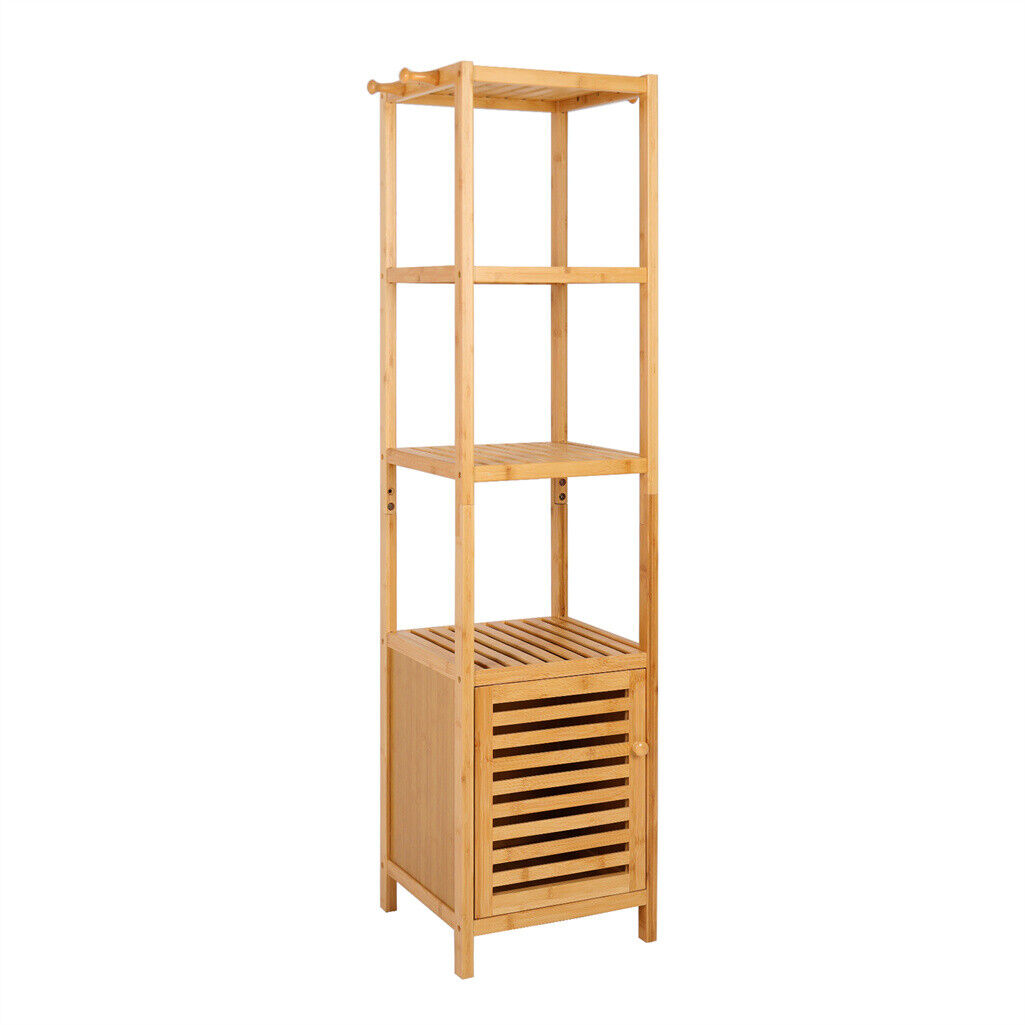 Large Wooden Bathroom Storage Cabinet Slim Cupboard Organizer w 4 Shelf & 3 Hook